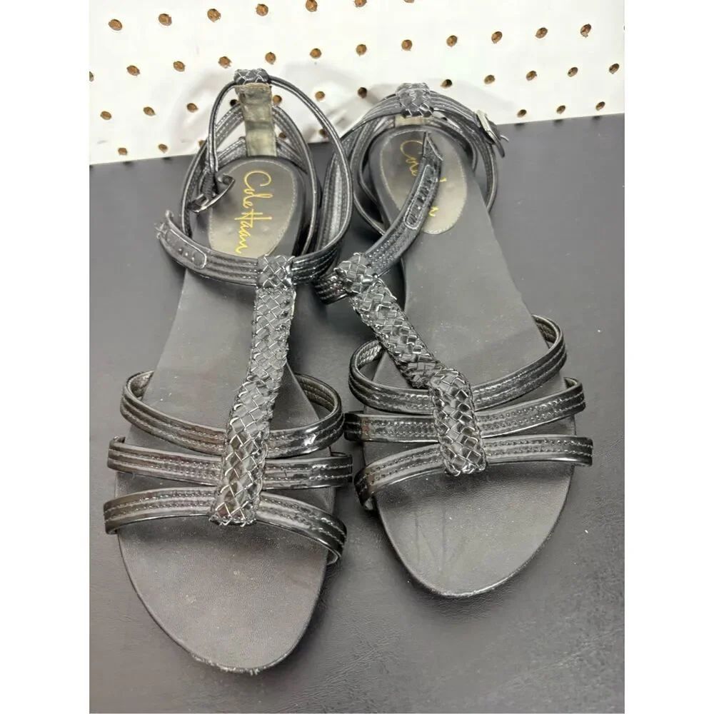 Cole Haan Black Ankle Strap Patent Leather Lightweight Flat Sandals Womens 10